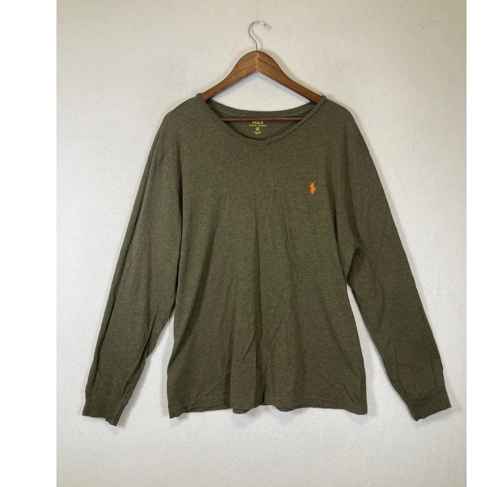 Classic Polo Ralph Lauren Men XL Olive Green V-Neck Long Sleeve Cotton Tee Shirt